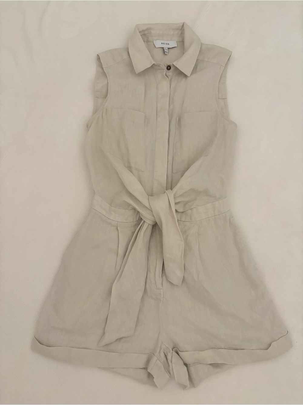 Reiss linen Sleeveless Tie-Waist Romper in Light Beige